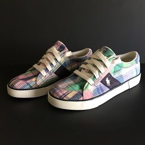 Polo Ralph Lauren Plaid Casual Sneakers Women's Fabric Lace Up Green Blue-Multi